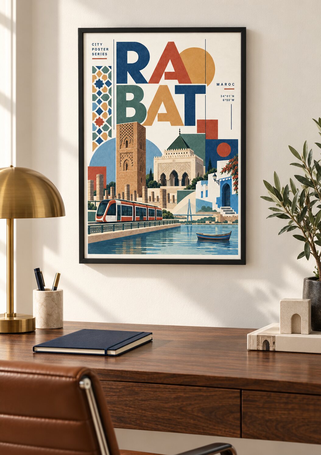 Affiche graphique de Rabat présentée dans un salon